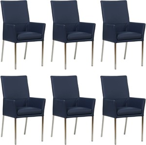 SHOPX HUISCOLLECTIE Set van 6 Blauwe leren moderne eetkamerstoelen Royal - poot vierkant rvs - Toledo Leer Kobalt (blauw leer)