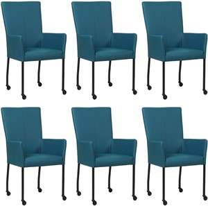 SHOPX HUISCOLLECTIE Set van 6 Blauwe leren moderne eetkamerstoelen Deal - met armleuning poot vierkant zwart met wiel - Hermes Leer Turquoise (blauw leer)