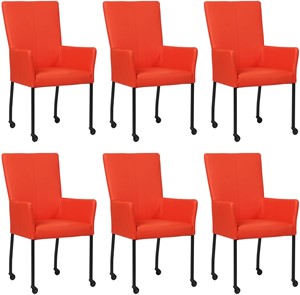 SHOPX HUISCOLLECTIE Set van 6 Felrode leren moderne eetkamerstoelen Deal - met armleuning poot vierkant zwart met wiel - Hermes Leer Lipstick (felrood leer)