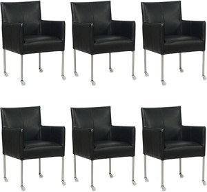 SHOPX HUISCOLLECTIE Zwarte leren moderne kuipstoel Desire - poot rond rvs met wiel - Granada leer Black (zwart leer)