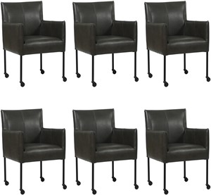 SHOPX HUISCOLLECTIE Set van 6 Donkergrijze leren moderne kuipstoel Desire - poot rond zwart met wiel - Granada leer Graphite (donkergrijs leer)
