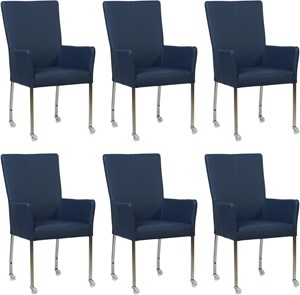 SHOPX HUISCOLLECTIE Set van 6 Blauwe leren moderne eetkamerstoelen Deal - met armleuning poot vierkant rvs met wiel - Toledo Leer Kobalt (blauw leer)