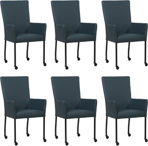 SHOPX HUISCOLLECTIE Set van 6 Blauwe leren moderne eetkamerstoelen Deal - met armleuning poot vierkant zwart met wiel - Toledo Leer Marine (blauw leer)