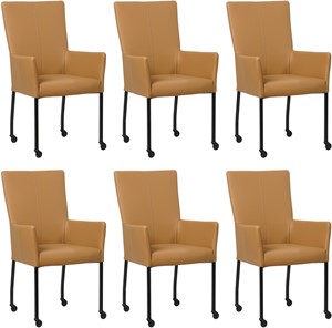 SHOPX HUISCOLLECTIE Set van 6 Bruine leren moderne eetkamerstoelen Deal - met armleuning poot vierkant zwart met wiel - Toledo Leer Camel (bruin leer)