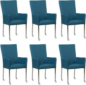 SHOPX HUISCOLLECTIE Set van 6 Blauwe leren moderne eetkamerstoelen Deal - met armleuning poot vierkant rvs met wiel - Toledo Leer Turquoise (blauw leer)