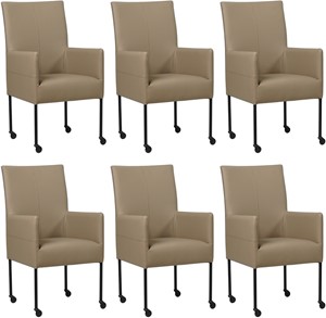 SHOPX HUISCOLLECTIE Set van 6 Taupe leren moderne eetkamerstoelen Spark - poot rond zwart met wiel - Hermes Leer Mocca (taupe leer)