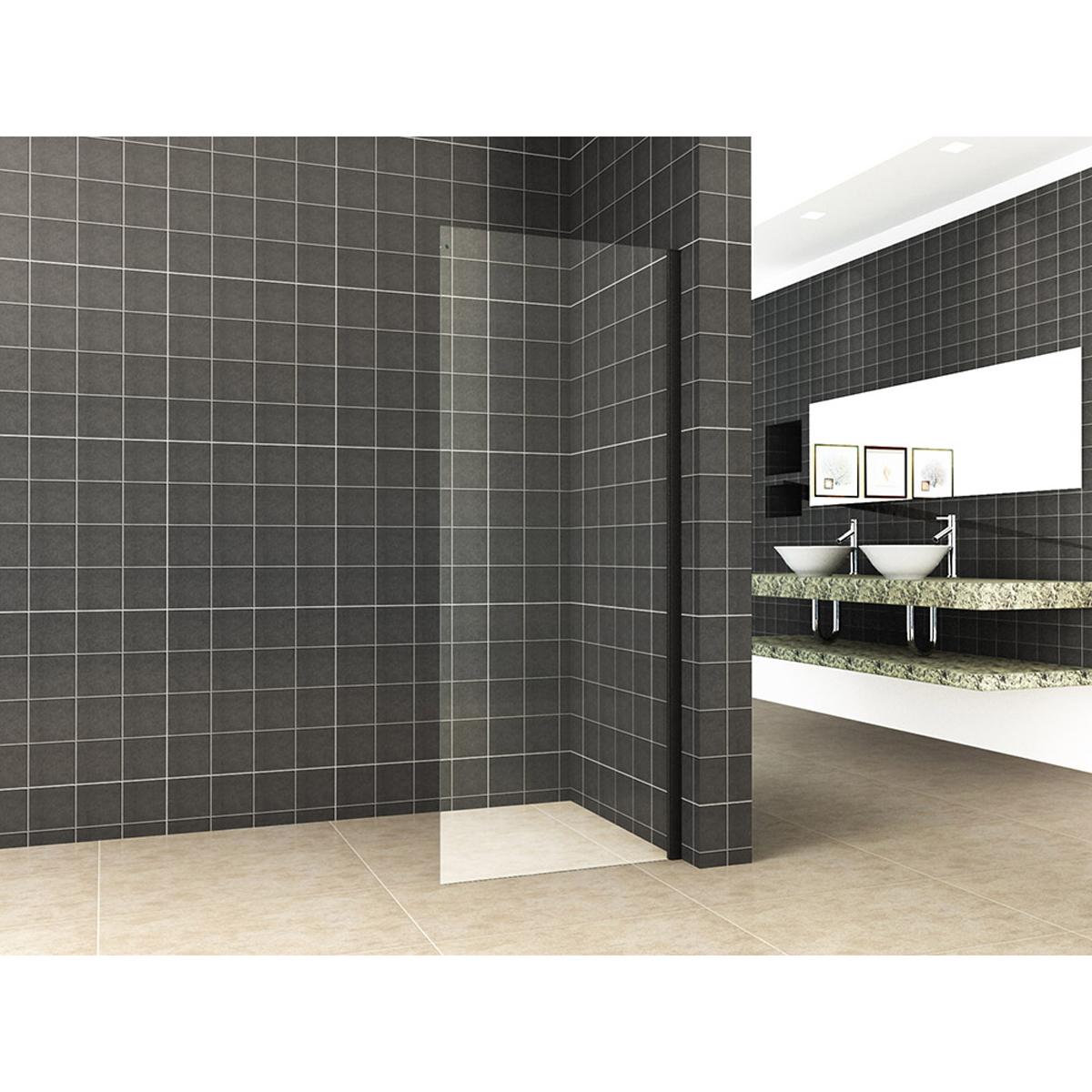 Wiesbaden Side Zijwand voor Nis Schuifdeur - 1000x2000x8mm - NANO - Helder Glas/Mat Zwart
