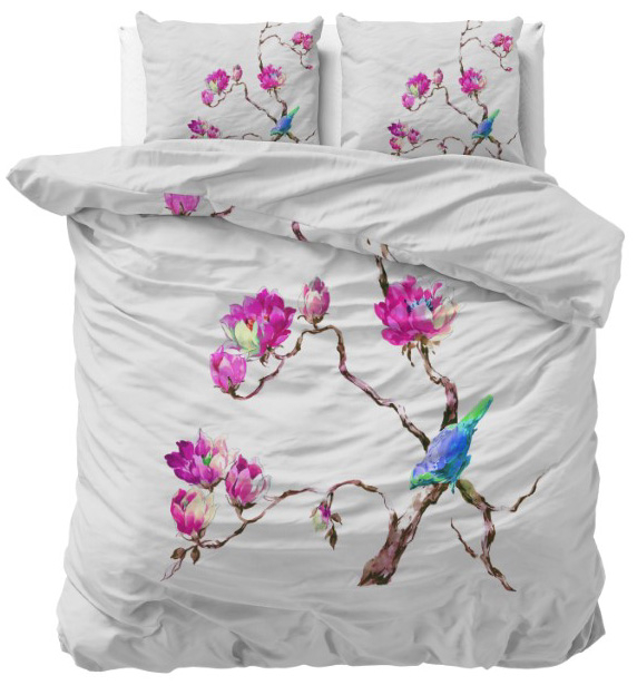 Sleeptime Dekbedovertrek Magnolia met Vogels – Wit – Microvezel-1-persoons (140 x 200/220 cm)