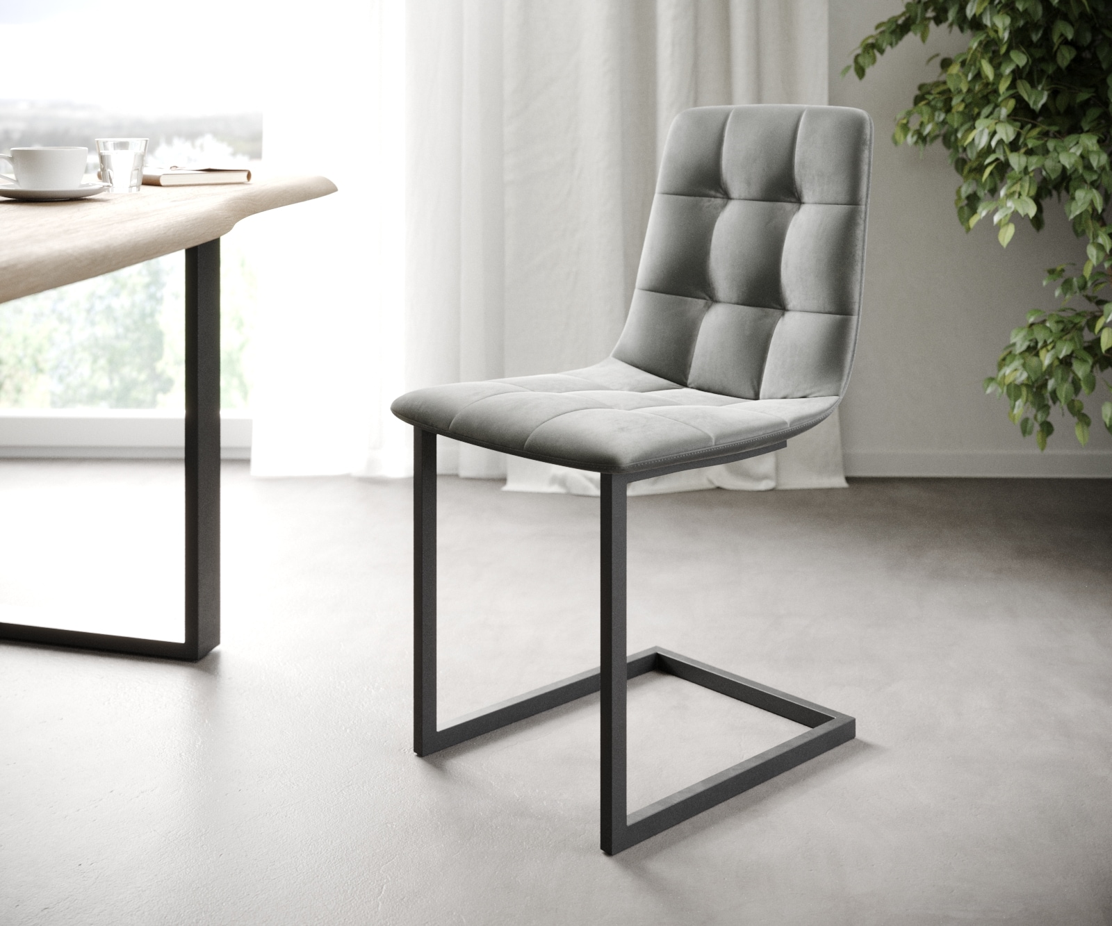 DELIFE 4-er-Set-Esszimmerstuhl Caro-Adesso Hellgrau Samt Freischwinger