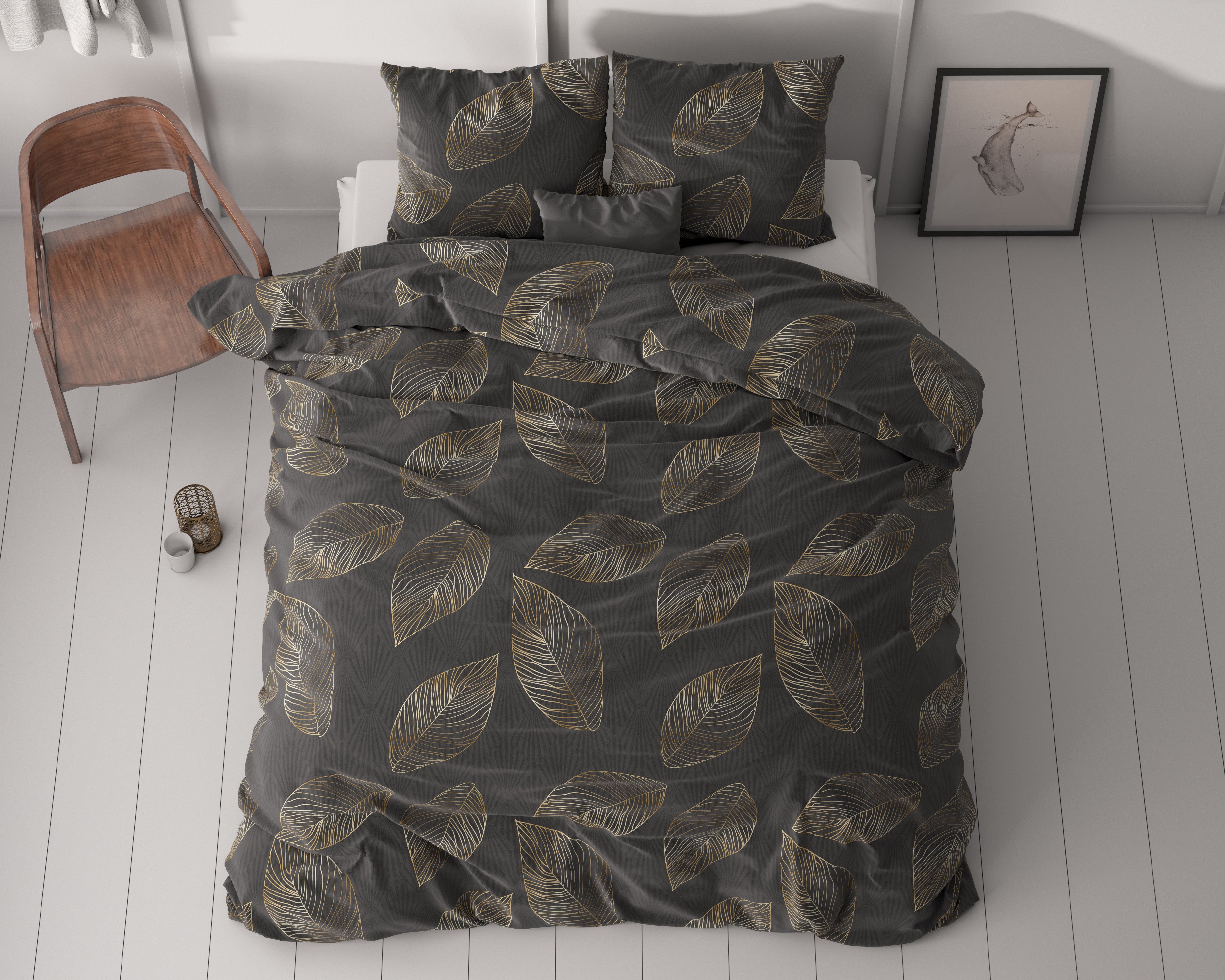 RoyalTextile - Golden Leaf Antraciet Dekbedovertrek - 200 x 220