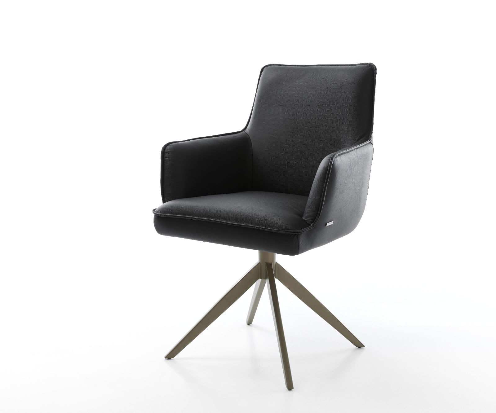DELIFE Drehstuhl Heira-Flex mit Armlehnen Echt-Leder Schwarz Kreuzgestell breit Effektfinish Titan 360° drehbar Wippfunktion Taschenfederkern