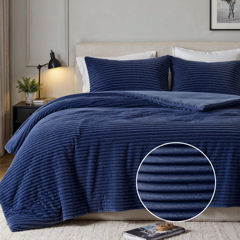 Fresh and Co Dekbedovertrek Teddy Rib Navy LitsJumeaux (240x220 Cm) Navy Microvezel Strepen  - Overtrek - 240x220 Cm (Lits-Jumeaux) - Fresh And - 