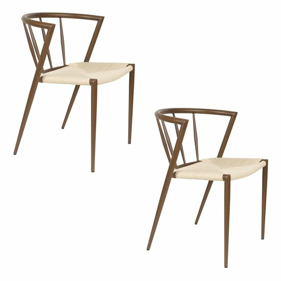 White Label Living Eetkamerstoel CHE walnut- Set 2 - gevlochten zitting - metalen poten - walnoten