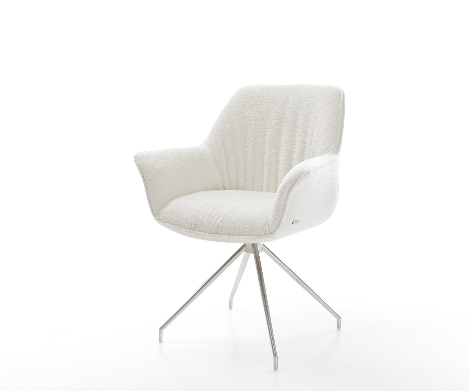 DELIFE Esszimmerstuhl Keila-Flex mit Armlehnen Bouclé Soft Beige Kreuzgestell konisch Edelstahl