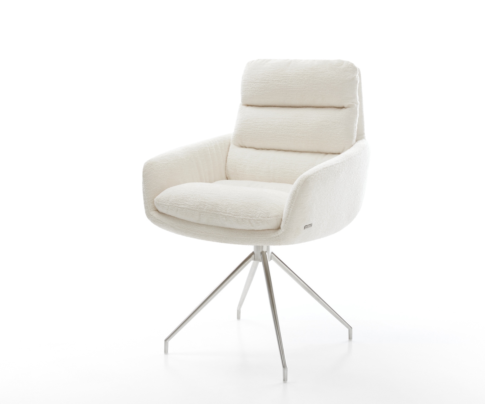 DELIFE Esszimmerstuhl Abelia-Flex mit Armlehnen Bouclé Soft Beige Kreuzgestell konisch Edelstahl