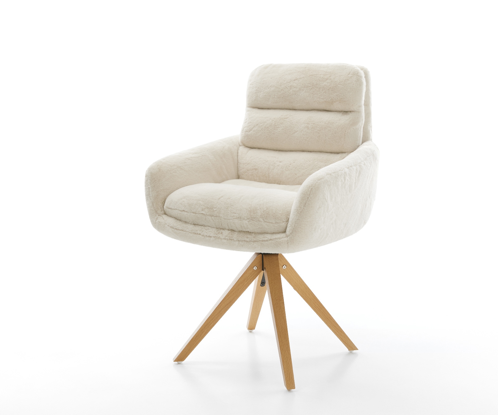 DELIFE Drehstuhl Abelia-Flex mit Armlehnen Plüsch Creme-Weiß Holzgestell kantig Natur 180° drehbar