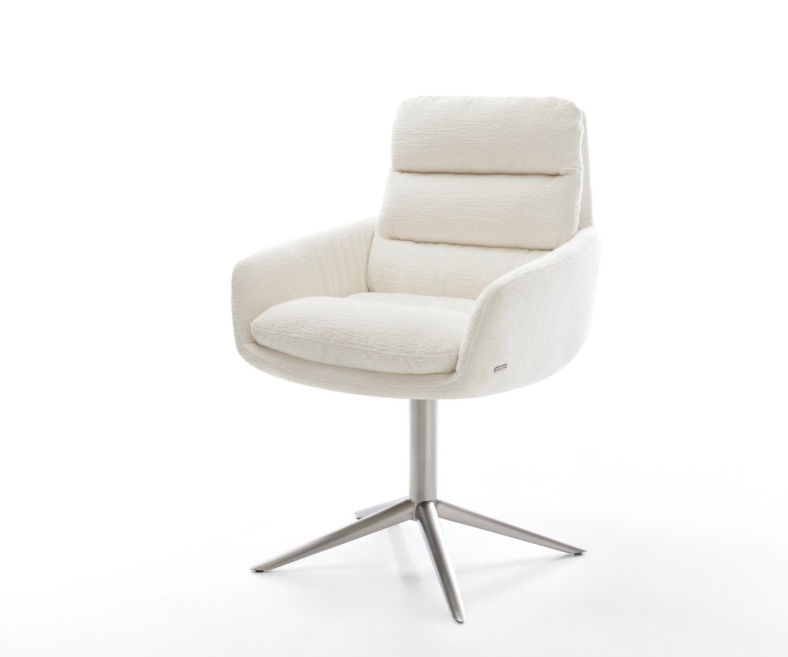 DELIFE Drehstuhl Abelia-Flex mit Armlehnen Bouclé Soft Beige Fußkreuz Edelstahl 360° drehbar Wippfunktion