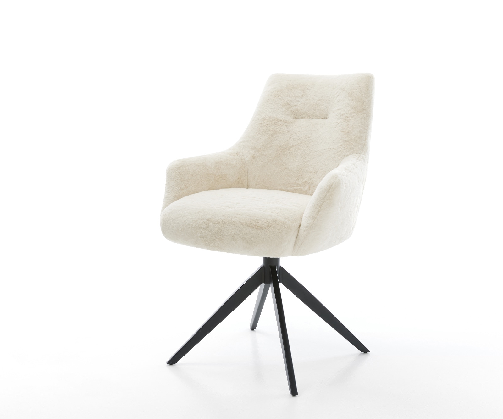 DELIFE Drehstuhl Alja-Flex mit Armlehnen Plüsch Creme-Weiß Kreuzgestell breit Schwarz 360° drehbar Wippfunktion Taschenfederkern