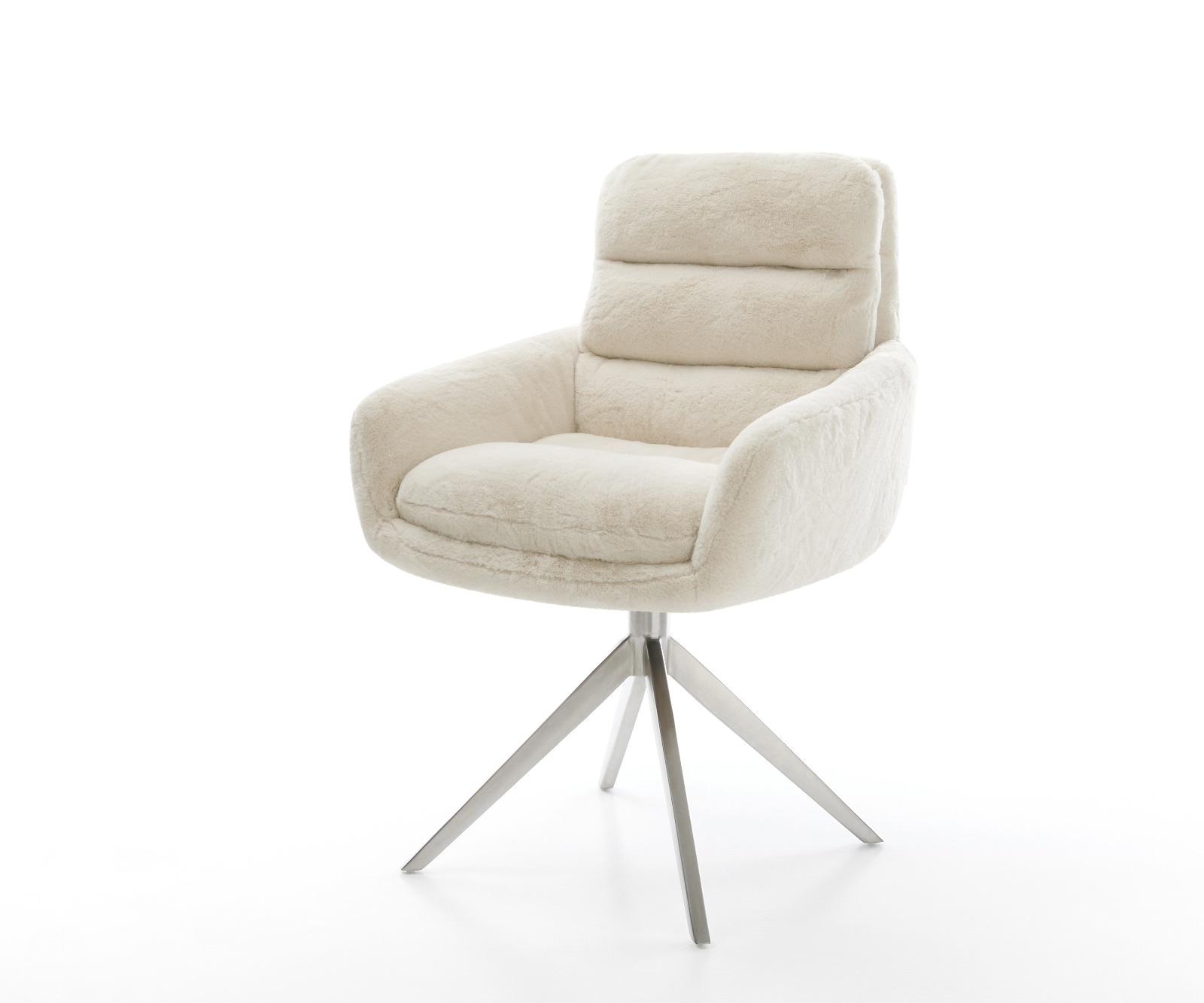 DELIFE Drehstuhl Abelia-Flex mit Armlehnen Plüsch Creme-Weiß Kreuzgestell breit Edelstahl 360° drehbar Wippfunktion