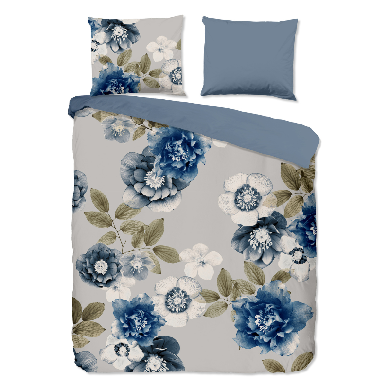 Good Morning Dekbedovertrek Katoen Gabin LitsJumeaux (240x220 Cm) Grijs & Blauw & Meerkleurig Katoen Flanel Bloemen  - Overtrek - 240x220 Cm - 