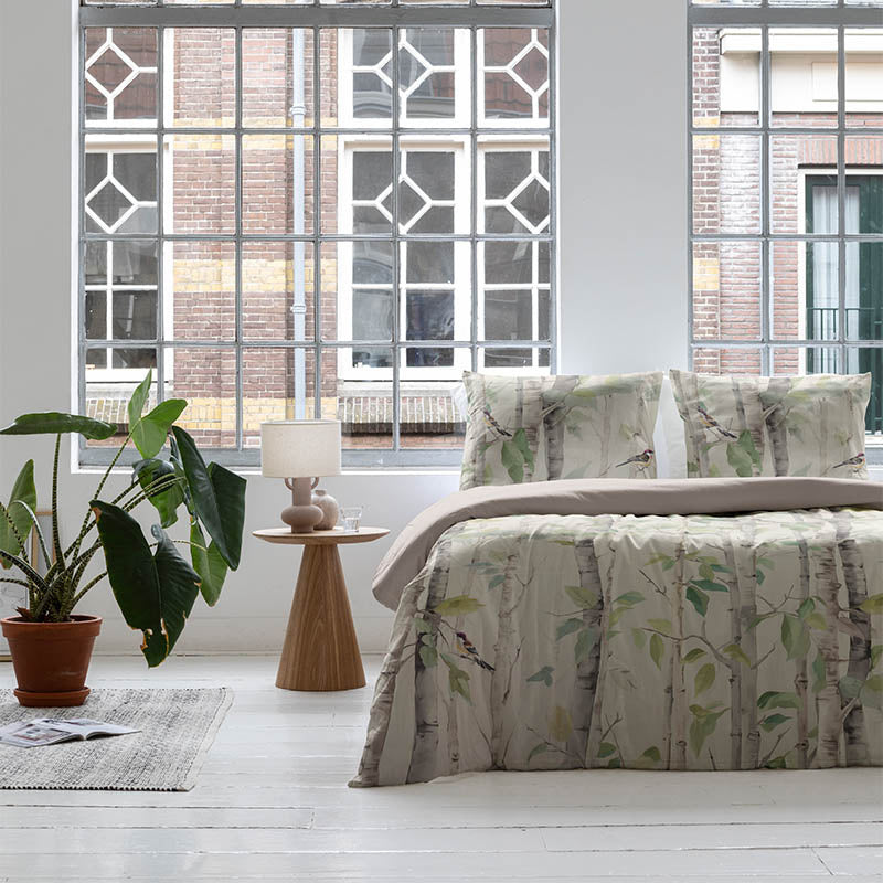 Fresh and Co Dekbedovertrek Katoen Satijn Birch & Birds Tweepersoons (200x200 Cm) Meerkleurig & Beige Katoen Satijn Natuur & Dieren  - Overtrek - - 