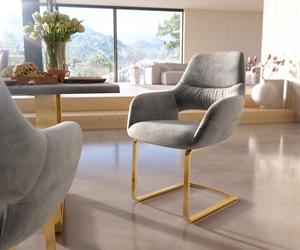 DELIFE Freischwinger Yago-Flex mit Armlehnen Samt Grau Freischwinger flach Gold Taschenfederkern