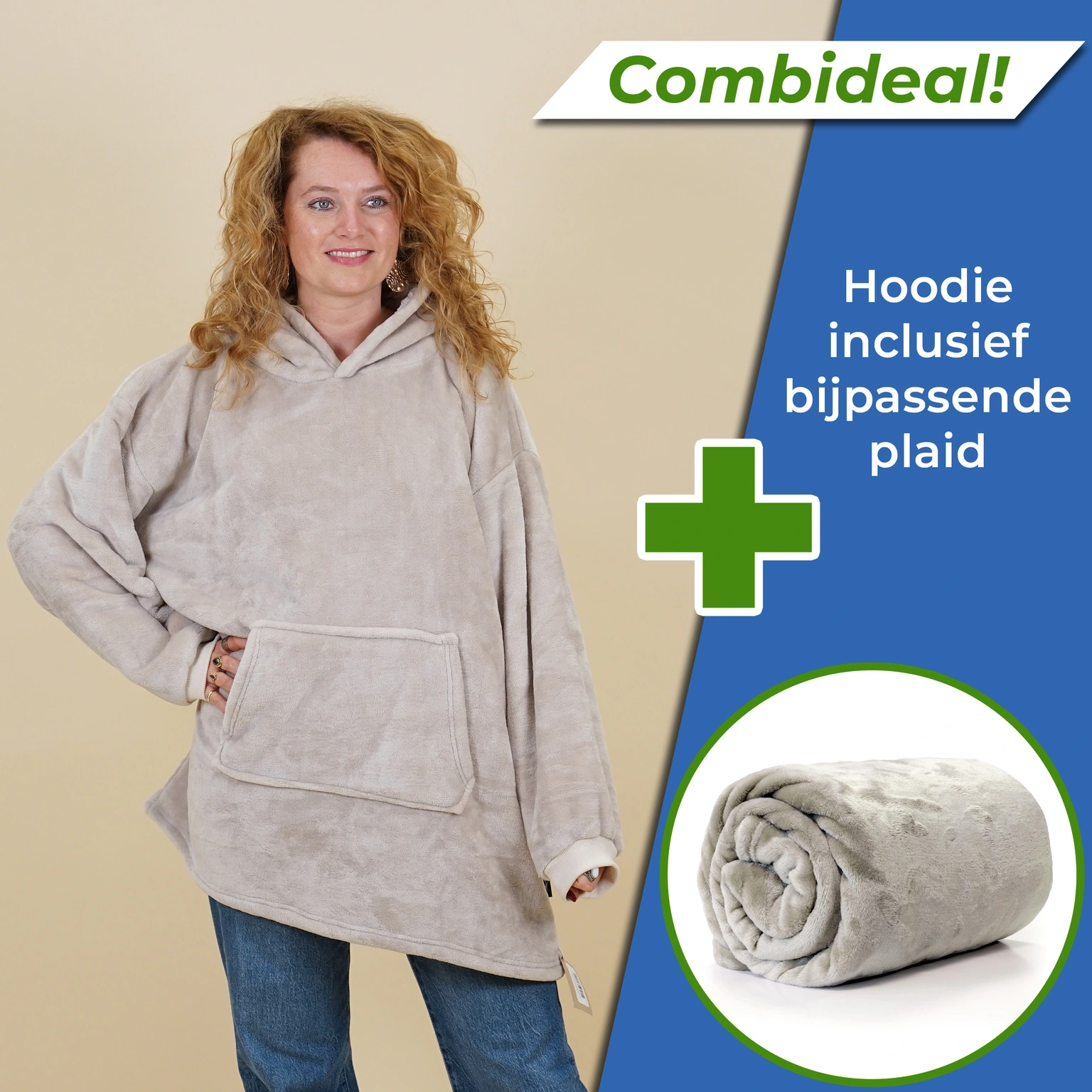 Unique Living Set: Oversized Hoodie + Plaid Enzo Chateau Grey Fleece Grijs Beige 