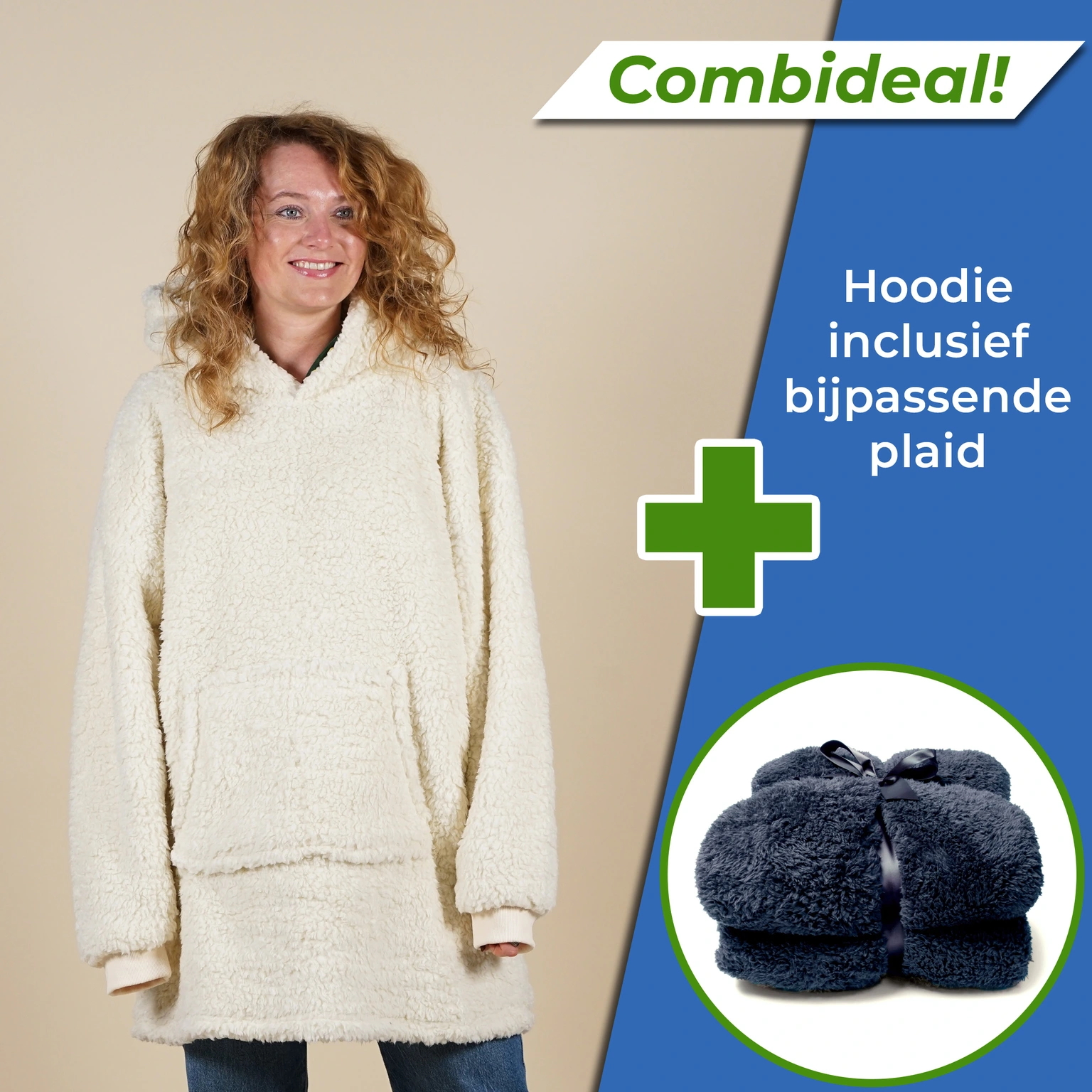 Unique Living Set: Oversized Hoodie + Plaid Teddy Dark Blue Donkerblauw 