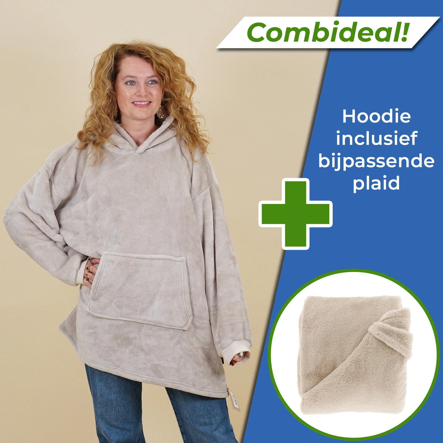 Unique Living Set: Oversized Hoodie + Plaid Justin Chateau Grey Fleece Grijs Beige 