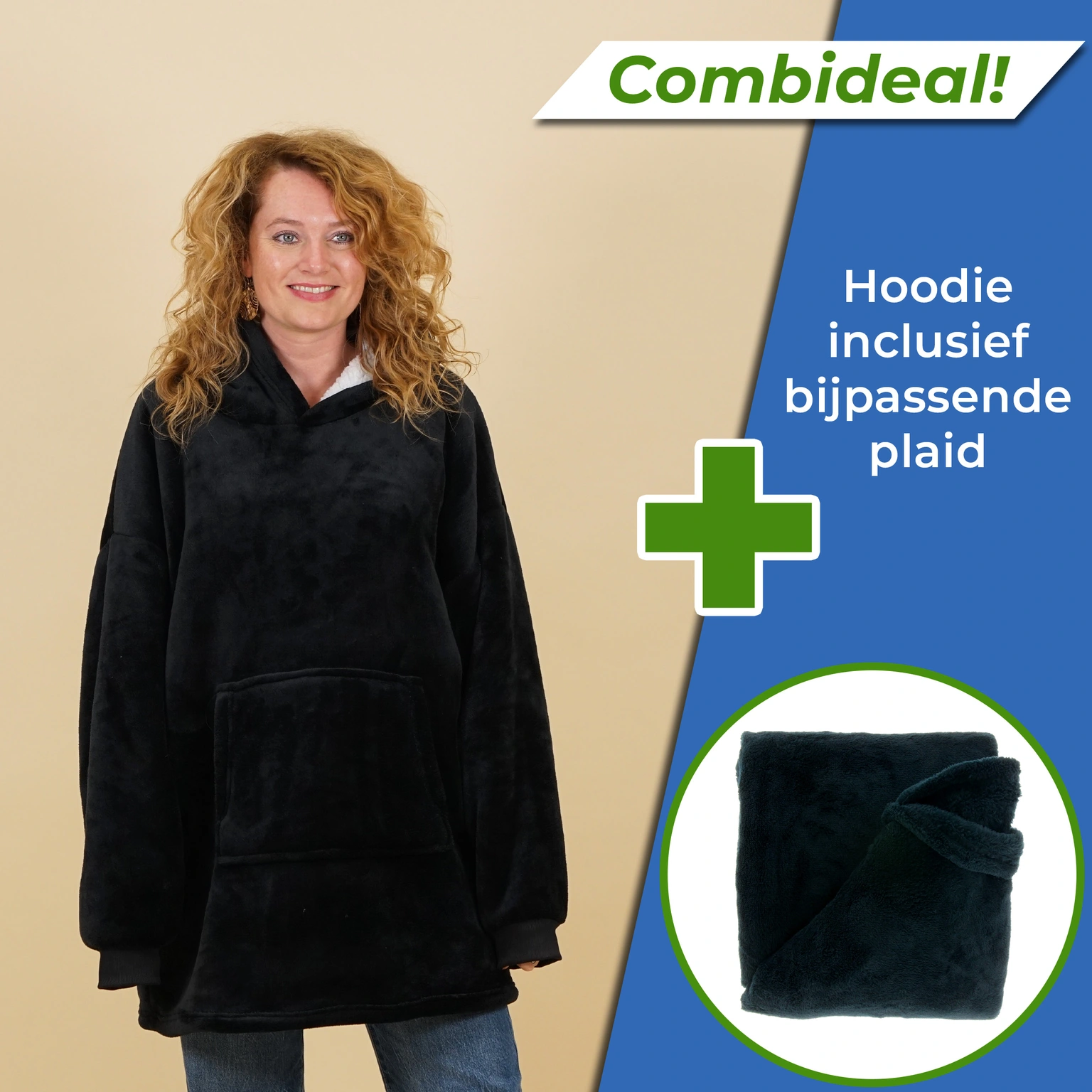 Unique Living Set: Oversized Hoodie + Plaid Justin Black Fleece Zwart 