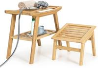 costway Bamboe Douchebank 2-Etage Houten Badkruk met Opbergplank voor Badkamer Hal Badkruk tot 150 kg Belastbaar