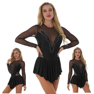 IEFiEL Girl Long Sleeves Mesh Splice Cutouts Back Roller Figure Skating Leotard Dress Women Gymnastic Ballet Dance Costumes