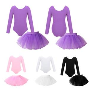 Daenrui 2Pcs Dancewear Girls Long Sleeve Leotard with Tutu Skirt Ballet Dance Gymnastics Outfit
