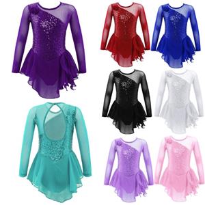 IEFiEL Kids Girls Long Sleeve Sequins Cutout Back Figure Ice Skating Dress Ballet Dance Gymnastic Leotard Dress