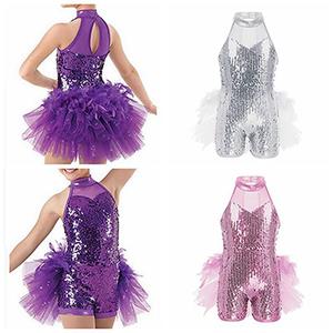 Girls Sequins Jazz Latin Ballet Dance Costume Kids Sleeveless Mock Neck Leotard Jumpsuit Dancewear