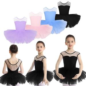 Kids Girls Tutu Ballet Dance Dress Mesh Splice U-shaped Back Gymnastics Leotard Performance Costumes