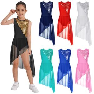 Kids Girls Sleeveless Round Neck Sequins Lyrical Dance Dress Irregular Hem Hollow Back Gymnastics Ballet Leotard Dress