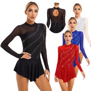 Womens Girls Figure Skating Dance Dresses Glitter Rhinestone Sheer Mesh Patchwork Long Sleeve Leotard Dress
