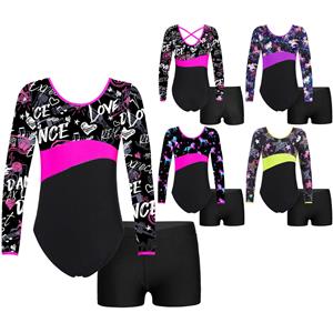 IEFiEL Kids Girls Long Sleeve Printed Patchwork Leotard with V-front Waistband Shorts for Dance Sports Gymnastic Workout