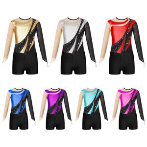 Ranrann Kids Girls Gymnastics Leotards Long Sleeve Keyhole Back Bodysuit Ballet Dancewear with Shorts Competition Outfits
