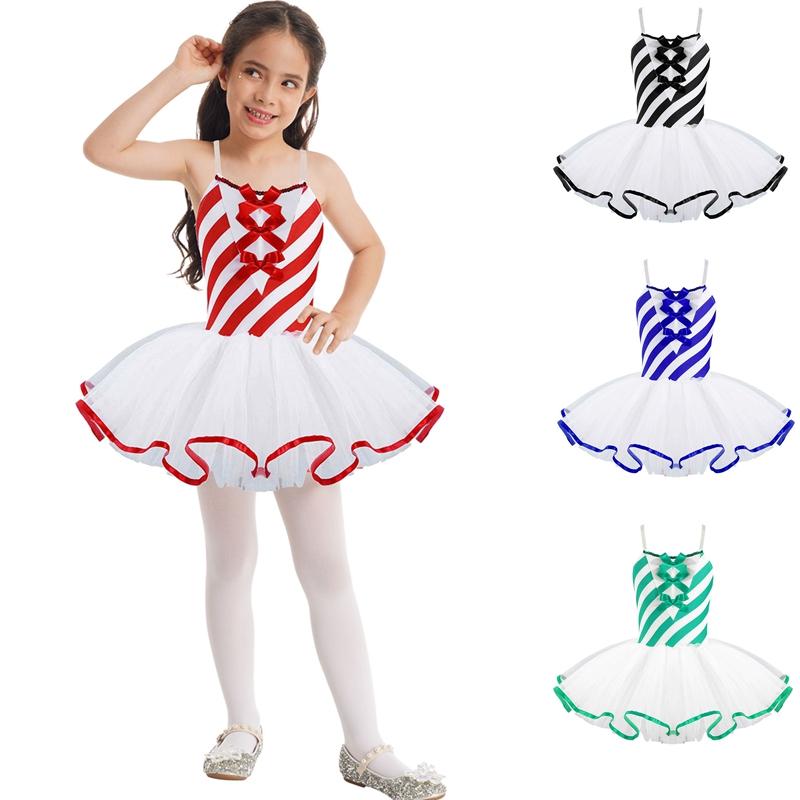 ZDHoor Kids Girls Stripes Mesh Tutu Dress Ballet Dance Gymnastics Leotard Dress for Christmas Performance