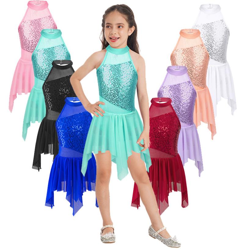 Inhzoy Kinderen meisjes mouwloze glanzende pailletten asymmetrische zoom ballerina lyrische moderne dans turnpakje jurk