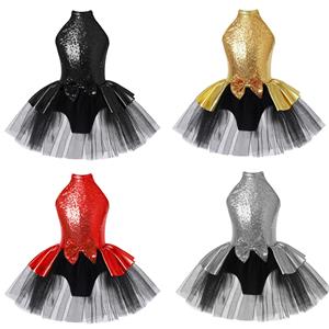 Ranrann Kids Girls Sleeveless Sparkling Sequins Hollow Back Tutu Mesh Dance Dress Latin Jazz Dance Costume Ballet Dancewear
