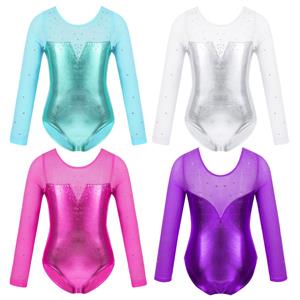 Ranrann Meisjes Turnpakje Gymnastiek Outfit voor Kinderen Lange Mouw Mesh Strass Glanzend Metallic Dans Ballerina Kostuum