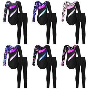 Inlzdz Turnpakje met glanzende strass steentjes voor kinderen, meisjes, met atletische leggings, dansgymnastiek, prestatiekostuum 5-6 Years paars