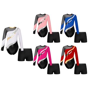 YOOJIA Kinderen Meisjes Lange mouw Glanzend Strass Versierd Uitsparing Achterkant Patchwork Turnpakje met V-voorkant Tailleband Shorts voor Dans Gymnastiek Prestaties