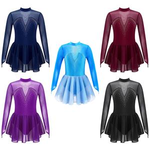 IEFiEL Kinderen Meisjes Figuur Schaatsen Dancewear Jurk Sparkly Strass Mesh Splice Ballerina Ballet Gymnastiek Workout Tule Tutu Jurk