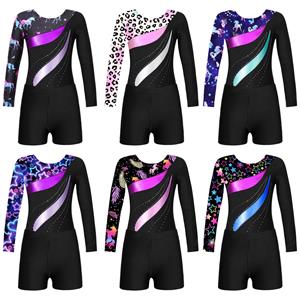 IEFiEL Kinderen meisjes lange mouw ronde hals glanzende strass decor turnpakje met shorts voor dans gymnastiektraining 5-6 Years paars/zwart