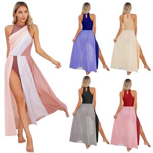 IEFiEL Damesballetjurk Halterneck kunstschaatsjurk met asymmetrische rok Ballroomdanskostuum Moderne lyrische dansjurk