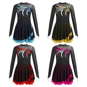 Manyakai Kinderen Meisjes Kunstschaatsen Jurk Mesh Patchwork Lange Mouwen Ballet Dans Leotards Jurk Gymnastiek Outfits 7-8 Years hemelsblauwe kleur
